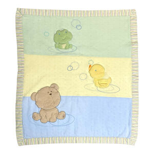 Vintage Carters Bear Duck Frog Bubbles Baby Blanket Yellow Blue Green Reversible